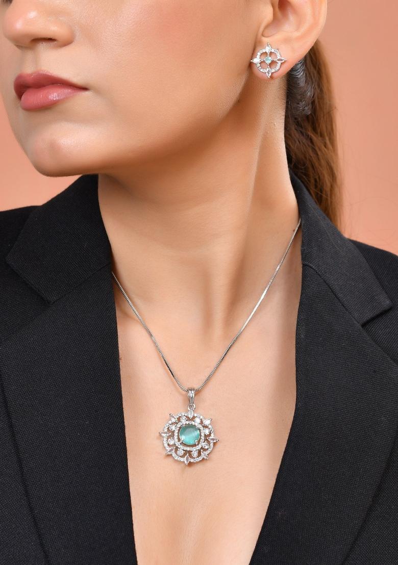 Silver Plated Sea Green Circulare Stone Studded Sun Shaped Ad Pandent With Chain Set  - Indya