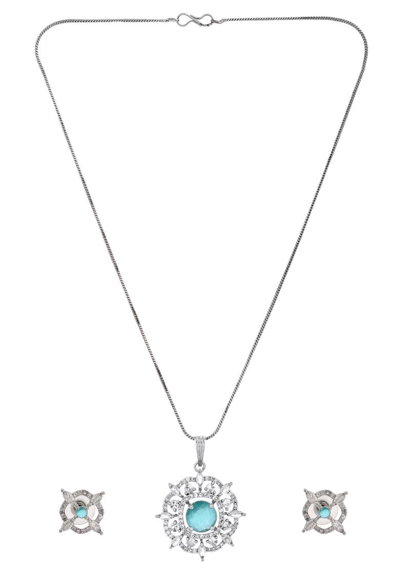 Silver Plated Sea Green Circulare Stone Studded Sun Shaped Ad Pandent With Chain Set  - Indya