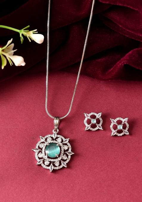 Silver Plated Sea Green Circulare Stone Studded Sun Shaped Ad Pandent With Chain Set 