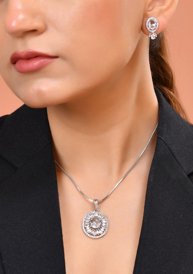 Silver Plated Oval Shaped Ad Stone Studded Chain Set - Indya