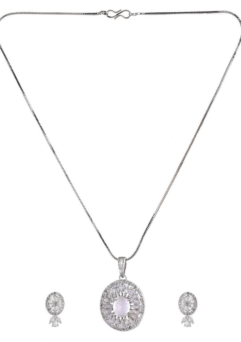 Silver Plated Oval Shaped Ad Stone Studded Chain Set - Indya