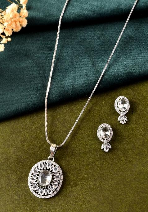 Silver Plated Oval Shaped Ad Stone Studded Chain Set