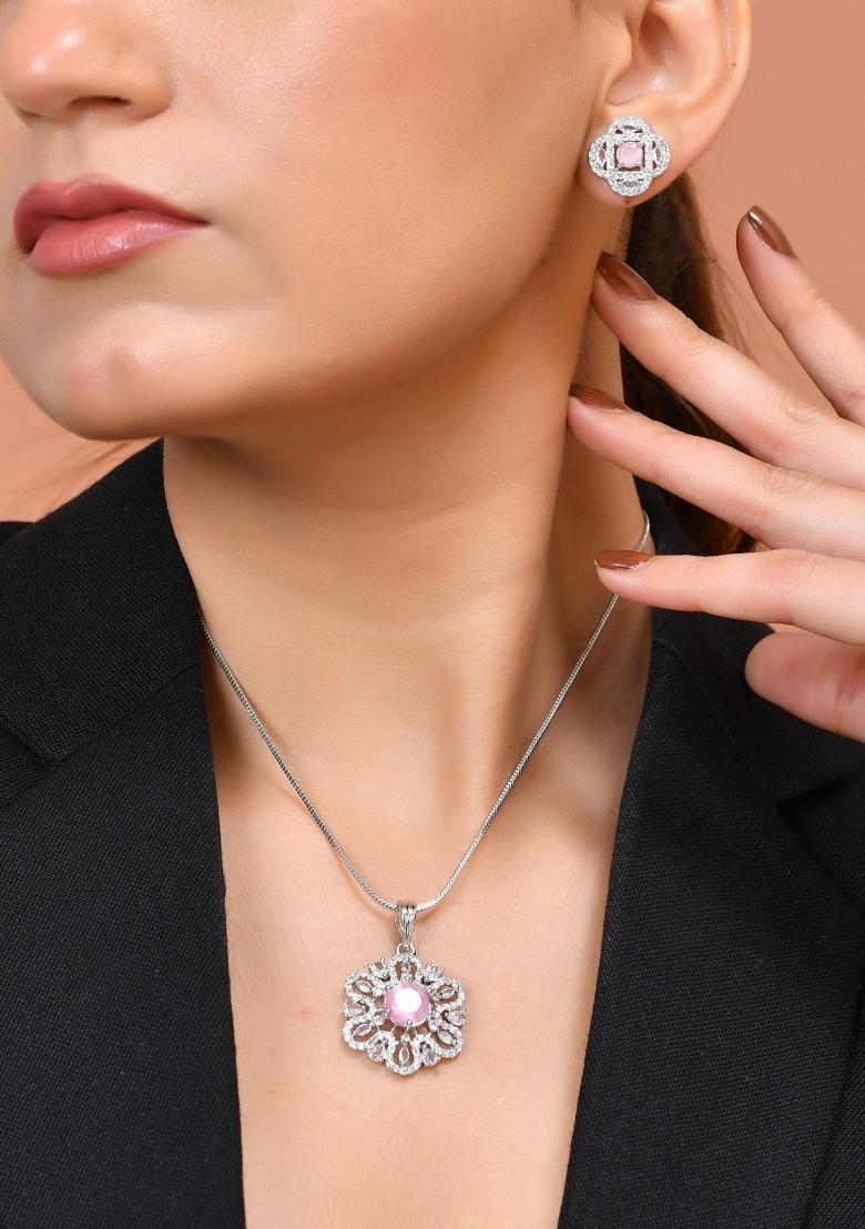 Silver Plated Floral Shaped Baby Pink Circular Ad Chain Set  - Indya