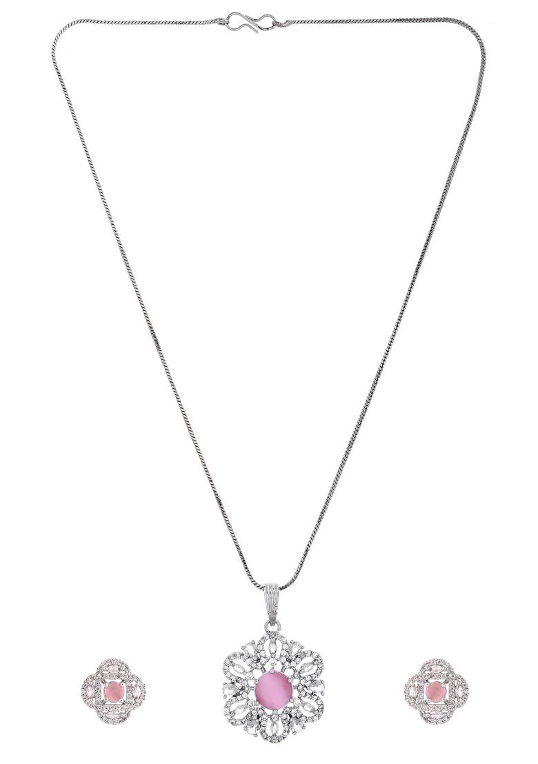 Silver Plated Floral Shaped Baby Pink Circular Ad Chain Set  - Indya