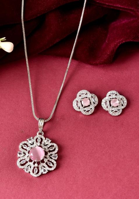 Silver Plated Floral Shaped Baby Pink Circular Ad Chain Set 