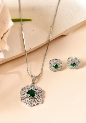 Silver Plated Floral Shaped Green Circular Ad Chain Set 