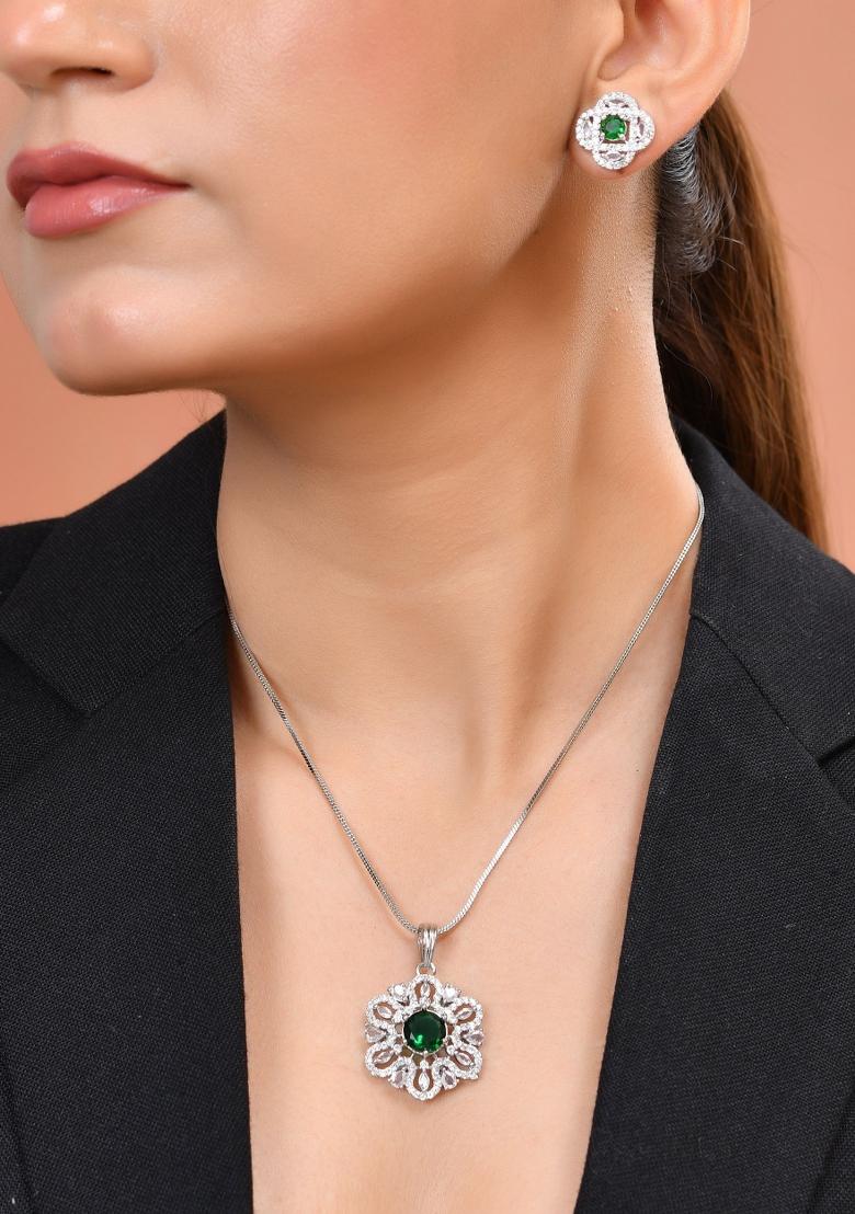 Silver Plated Floral Shaped Green Circular Ad Chain Set  - Indya