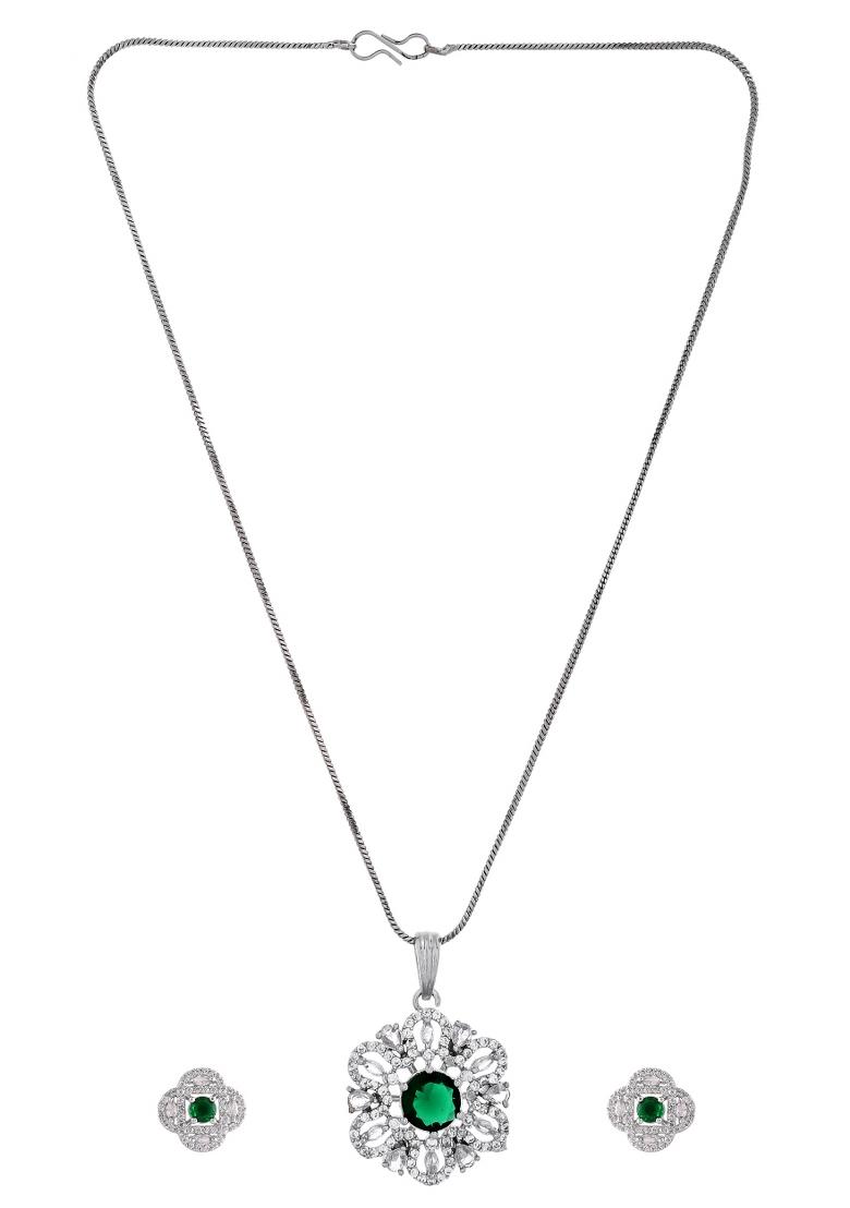 Silver Plated Floral Shaped Green Circular Ad Chain Set  - Indya