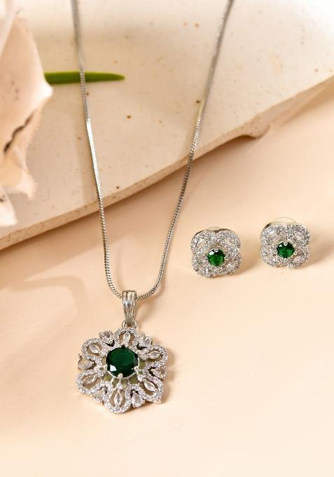 Silver Plated Floral Shaped Green Circular Ad Chain Set 