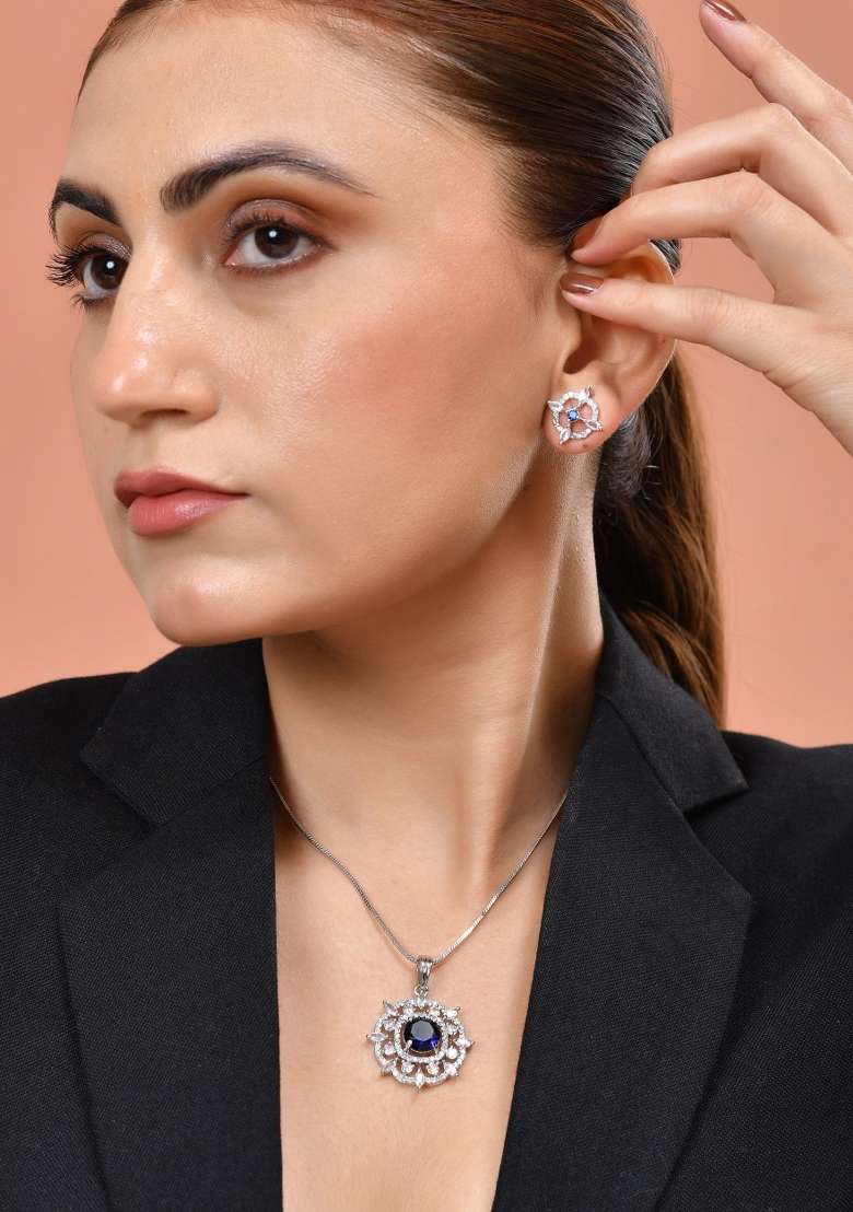 Silver Plated Blue Circulare Stone Studded Sun Shaped Ad Pandent With Chain Set  - Indya