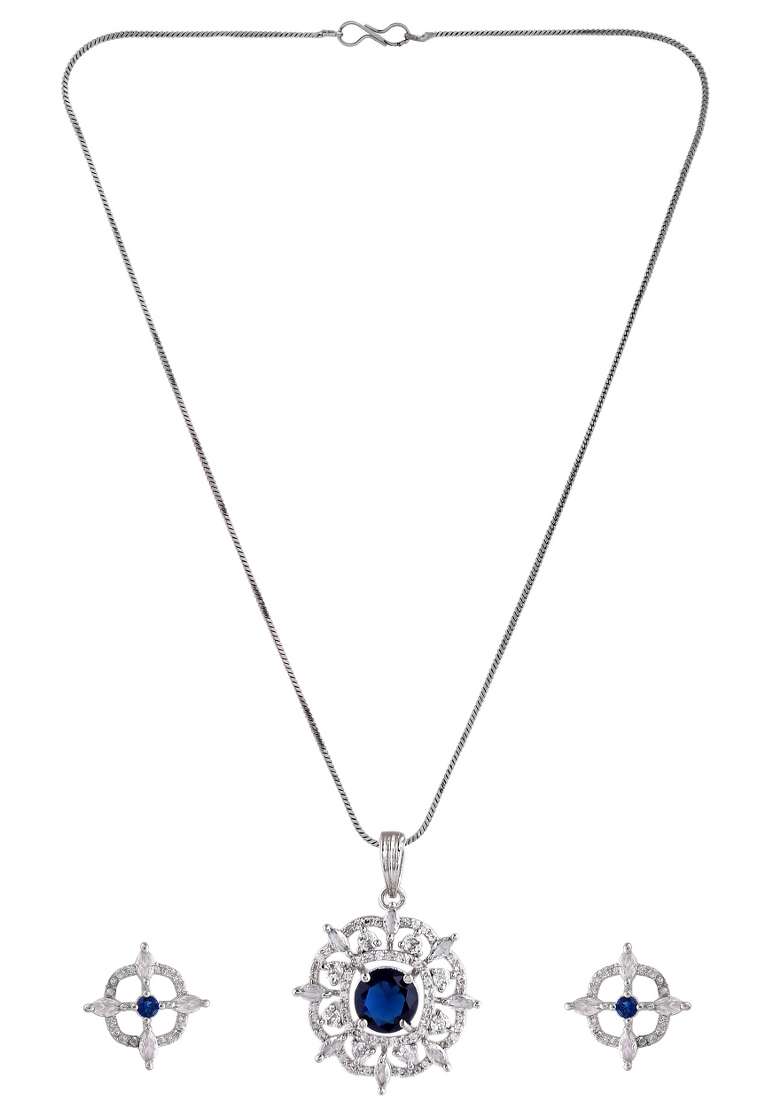 Silver Plated Blue Circulare Stone Studded Sun Shaped Ad Pandent With Chain Set  - Indya