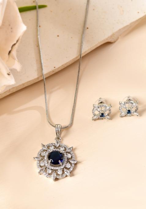 Silver Plated Blue Circulare Stone Studded Sun Shaped Ad Pandent With Chain Set 