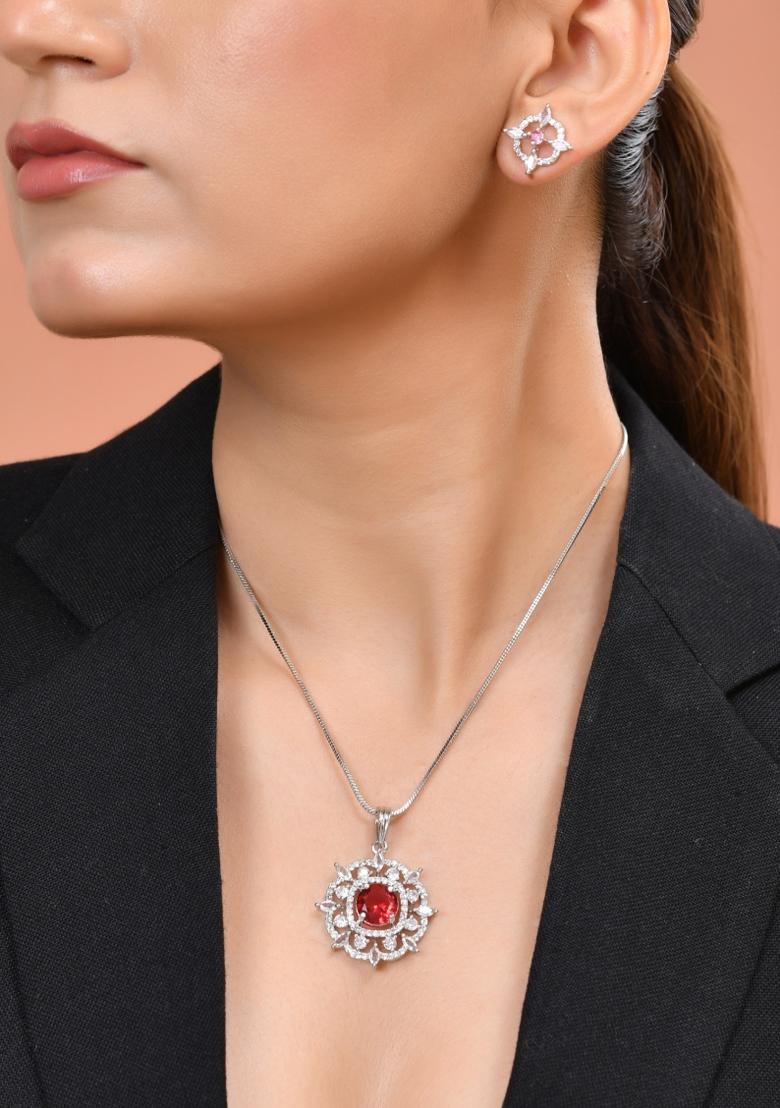 Silver Plated Ruby Red Circulare Stone Studded Sun Shaped Ad Pandent With Chain Set  - Indya