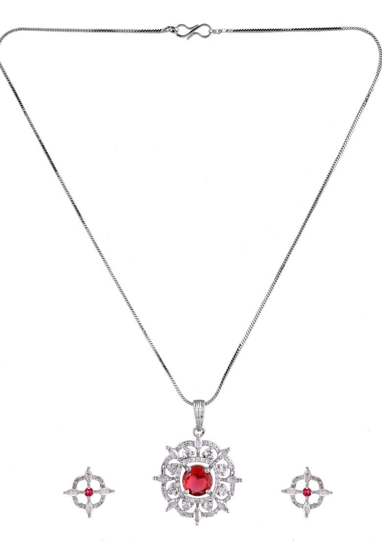 Silver Plated Ruby Red Circulare Stone Studded Sun Shaped Ad Pandent With Chain Set  - Indya