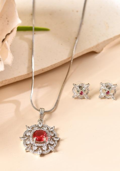 Silver Plated Ruby Red Circulare Stone Studded Sun Shaped Ad Pandent With Chain Set 