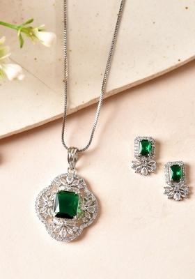 Silver Plated Green Rectangular Shaped Ad Chain Set