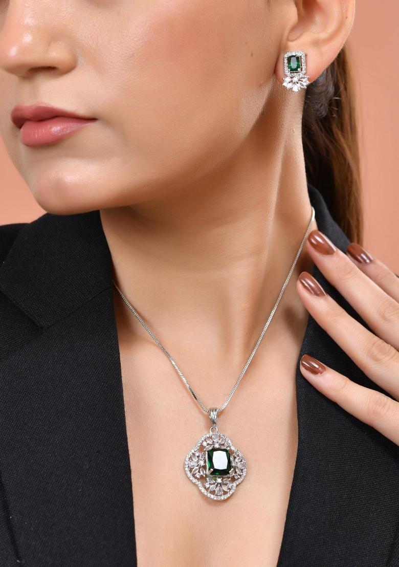 Silver Plated Green Rectangular Shaped Ad Chain Set - Indya