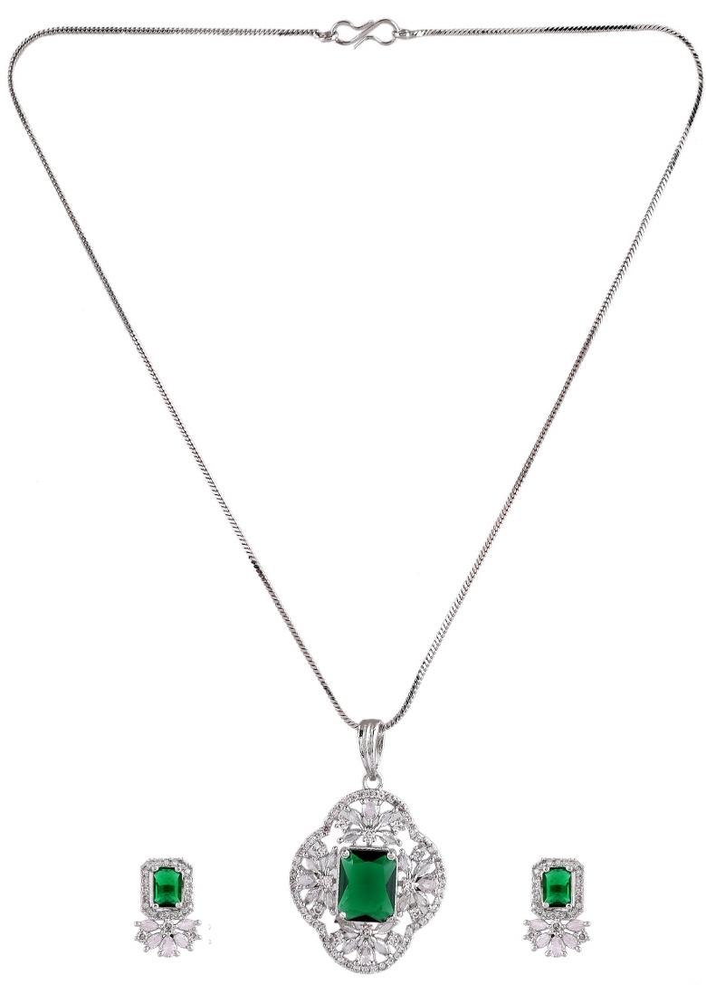 Silver Plated Green Rectangular Shaped Ad Chain Set - Indya