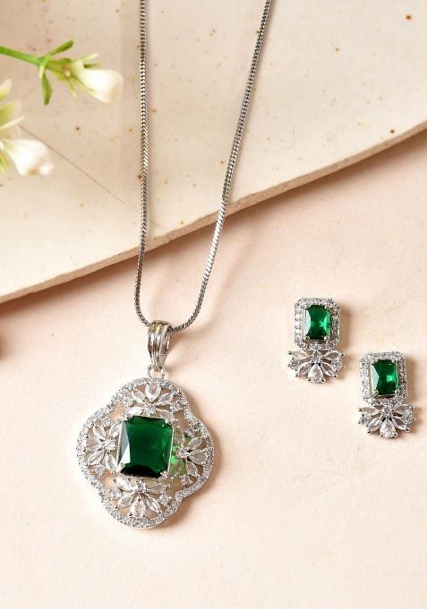 Silver Plated Green Rectangular Shaped Ad Chain Set