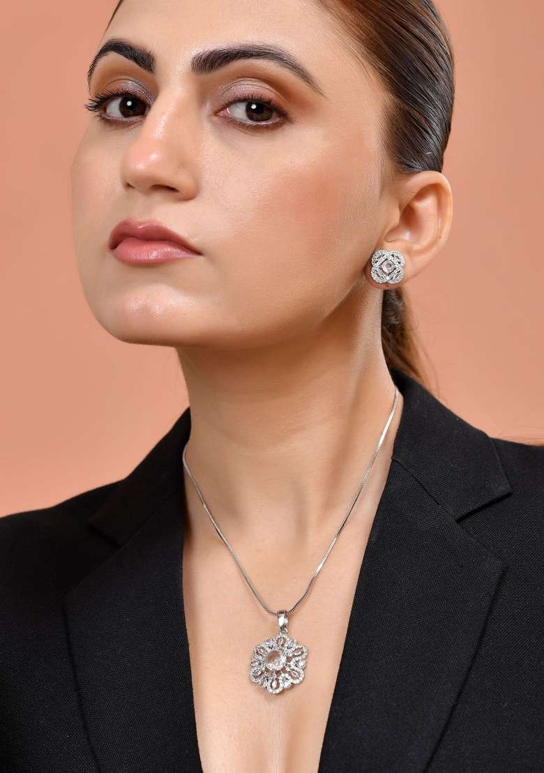 Silver Plated Circular Shaped Floral Ad Chain Set - Indya