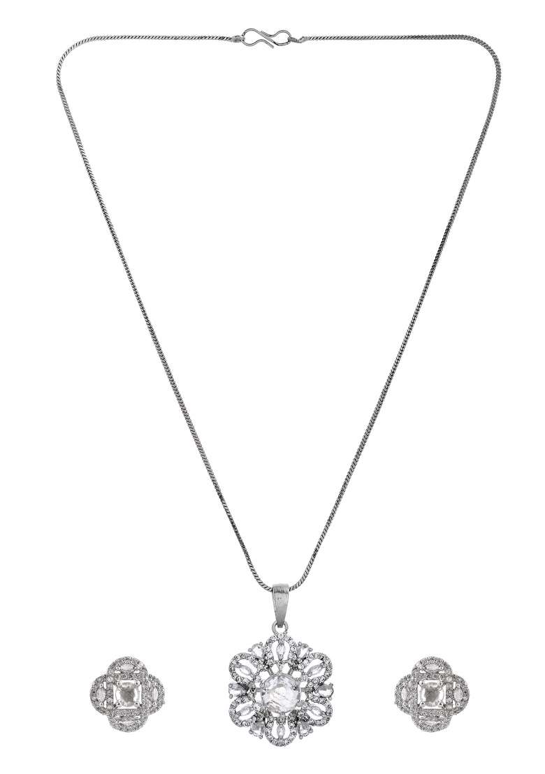 Silver Plated Circular Shaped Floral Ad Chain Set - Indya