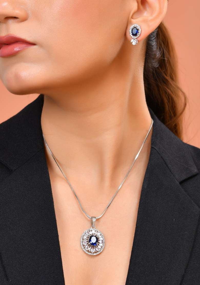 Silver Plated Oval Shaped Blue Stone Studded Ad Chain Set - Indya