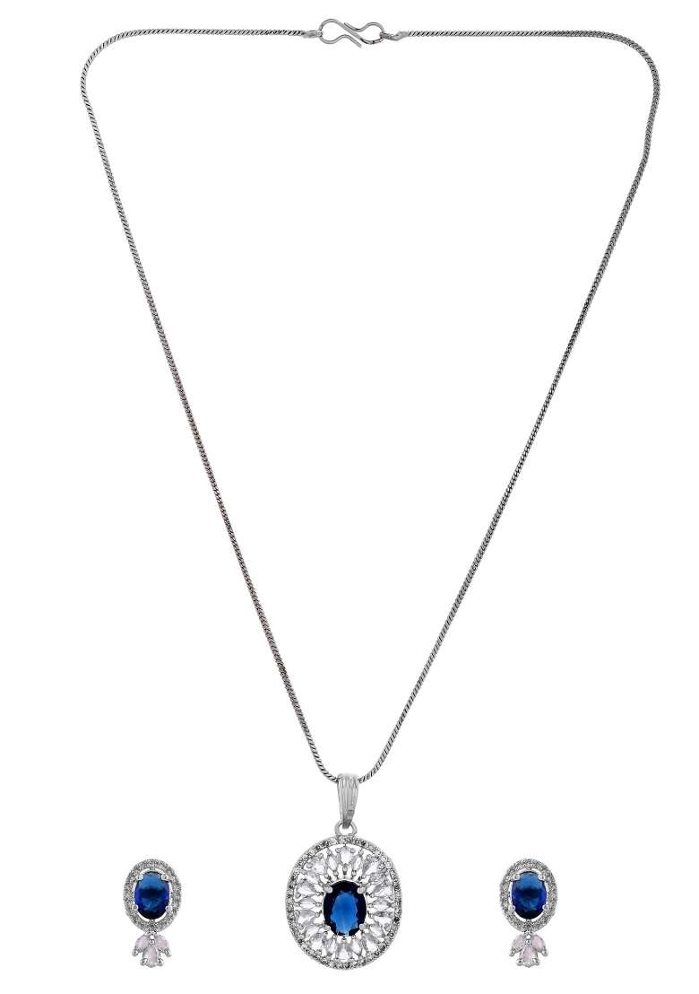 Silver Plated Oval Shaped Blue Stone Studded Ad Chain Set - Indya