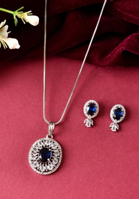 Silver Plated Oval Shaped Blue Stone Studded Ad Chain Set