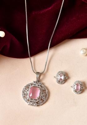 Silver Plated Baby Pink Rectangulare Shaped Ad Chain Set