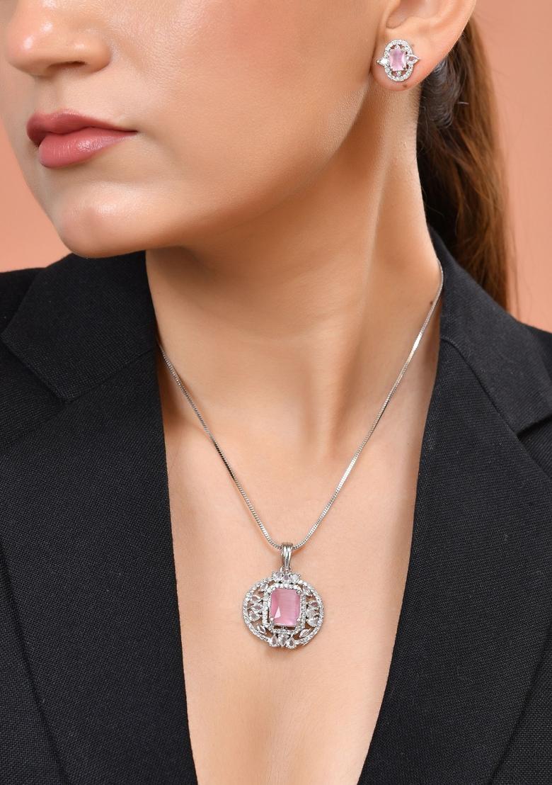 Silver Plated Baby Pink Rectangulare Shaped Ad Chain Set - Indya