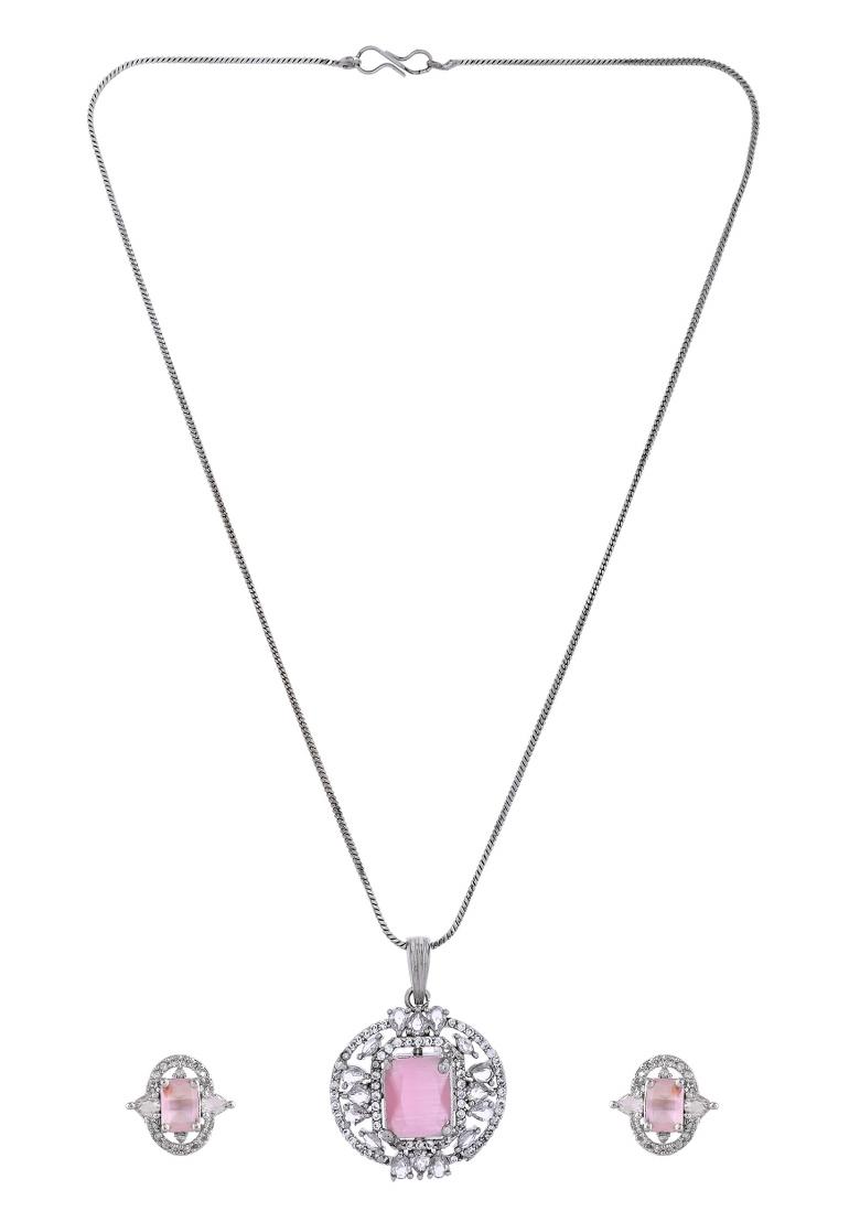 Silver Plated Baby Pink Rectangulare Shaped Ad Chain Set - Indya