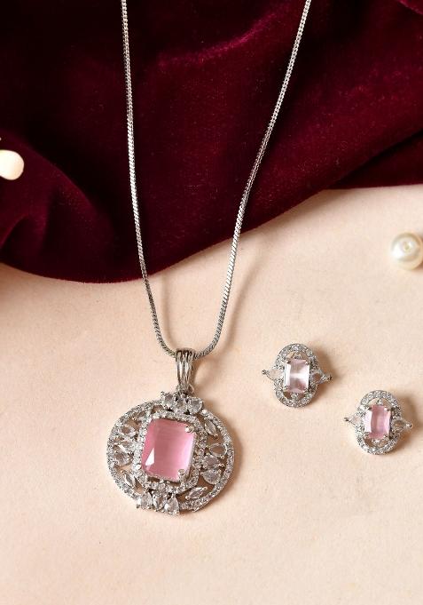 Silver Plated Baby Pink Rectangulare Shaped Ad Chain Set