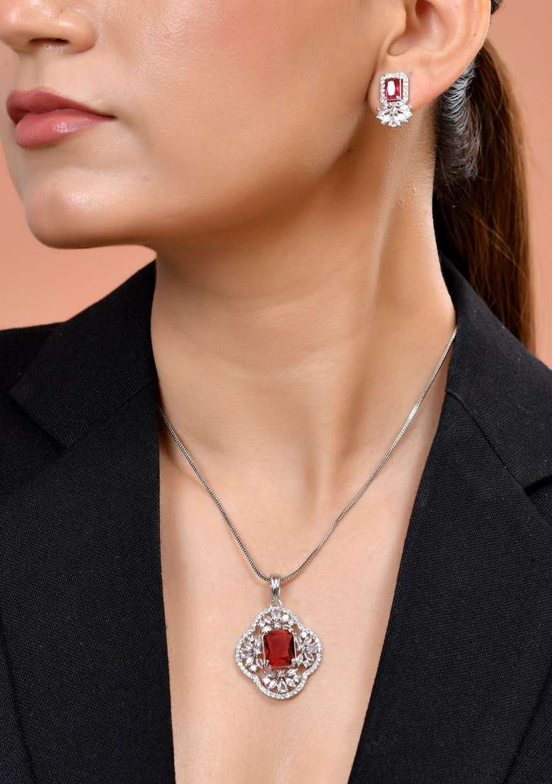 Silver Plated Ruby Red Rectangular Stone Studded Ad Chain Set  - Indya