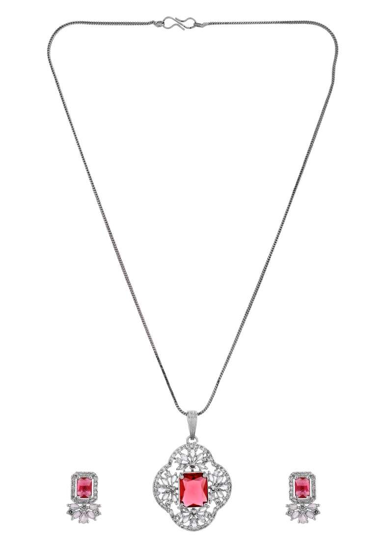 Silver Plated Ruby Red Rectangular Stone Studded Ad Chain Set  - Indya