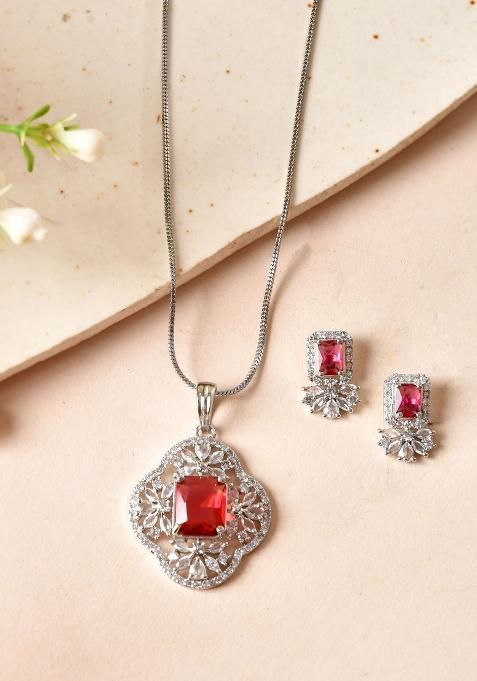 Silver Plated Ruby Red Rectangular Stone Studded Ad Chain Set 