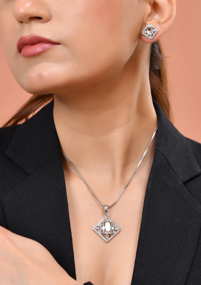 Silver Plated Square Shaped Ad Pandent With Chain Set  - Indya