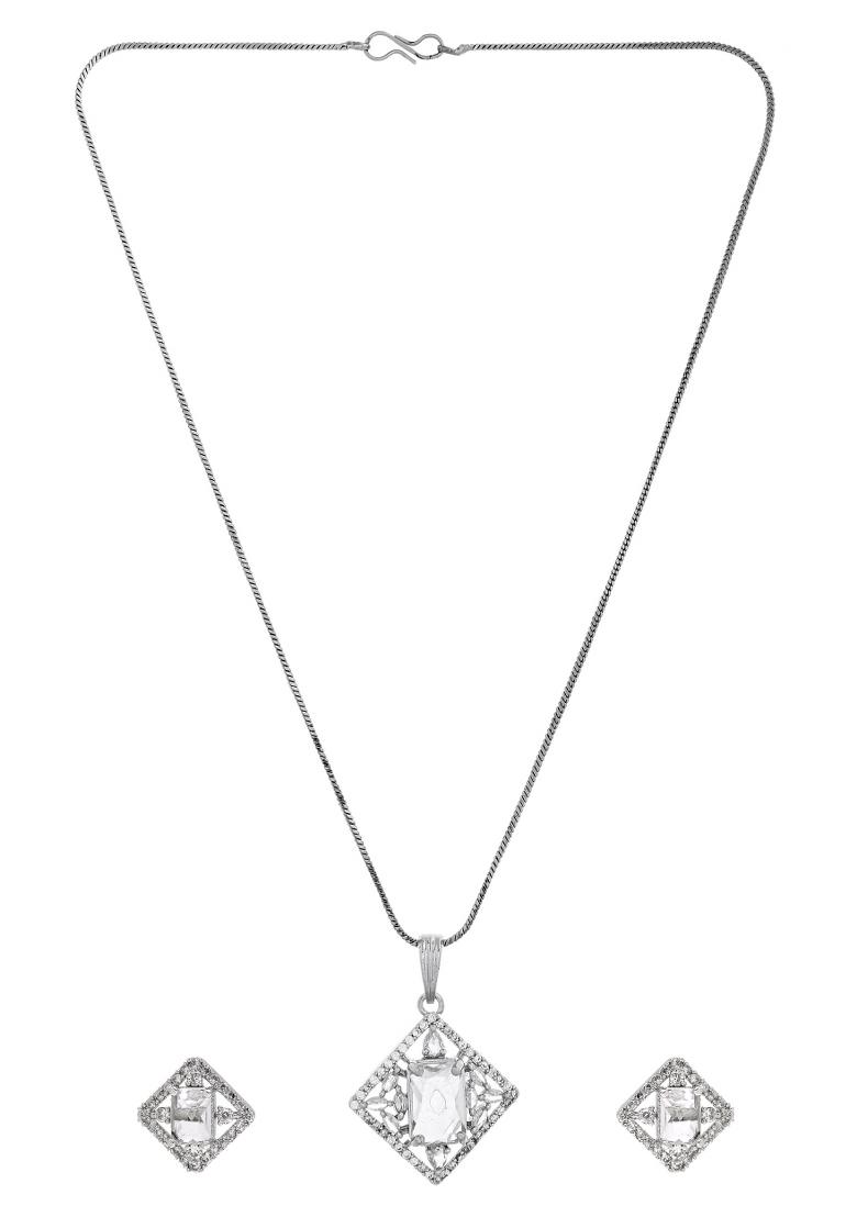 Silver Plated Square Shaped Ad Pandent With Chain Set  - Indya