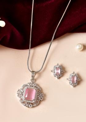 Silver Plated Baby Pink Rectangular Shaped Stone Studded Ad Chain Set