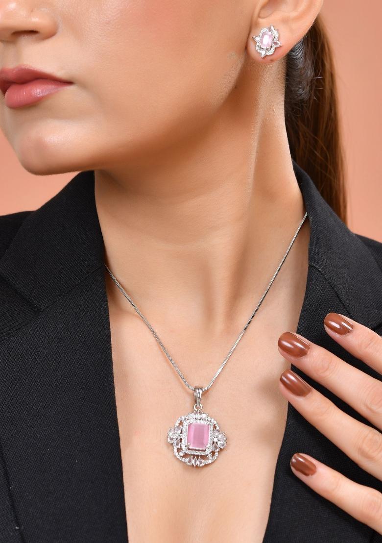 Silver Plated Baby Pink Rectangular Shaped Stone Studded Ad Chain Set - Indya
