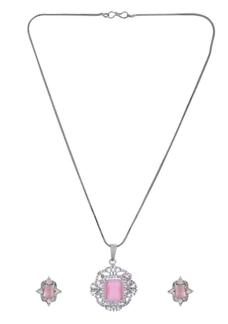 Silver Plated Baby Pink Rectangular Shaped Stone Studded Ad Chain Set - Indya