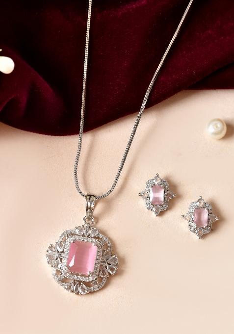 Silver Plated Baby Pink Rectangular Shaped Stone Studded Ad Chain Set