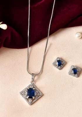Silver Plated Blue Reactangular Shaped Stone With Square Shaped Ad Pandent With Chain Set 