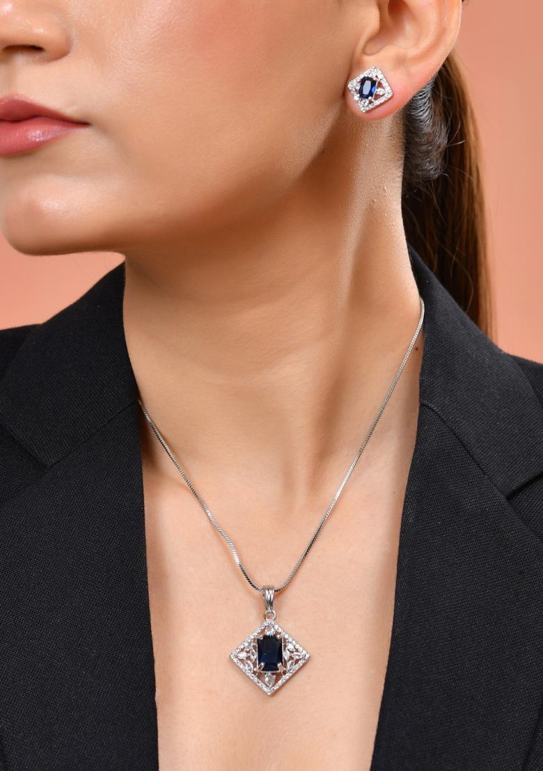 Silver Plated Blue Reactangular Shaped Stone With Square Shaped Ad Pandent With Chain Set  - Indya