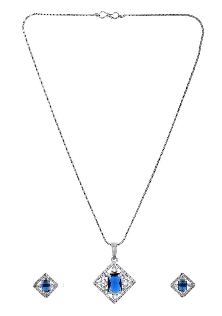 Silver Plated Blue Reactangular Shaped Stone With Square Shaped Ad Pandent With Chain Set  - Indya