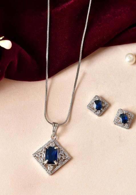 Silver Plated Blue Reactangular Shaped Stone With Square Shaped Ad Pandent With Chain Set 