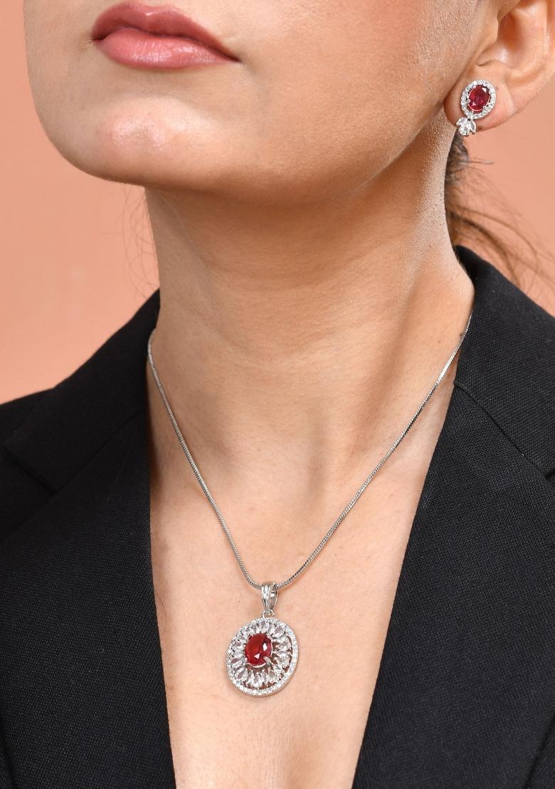 Silver Plated Oval Shaped Ruby Red Ad Chain Set  - Indya