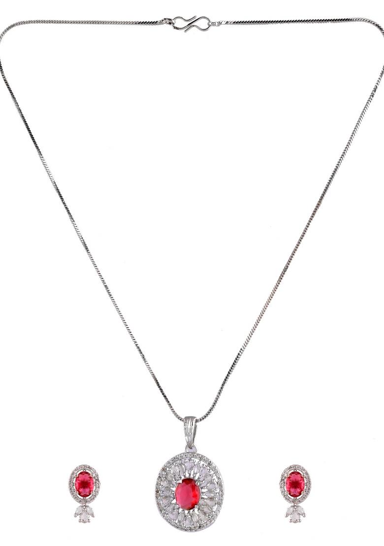 Silver Plated Oval Shaped Ruby Red Ad Chain Set  - Indya