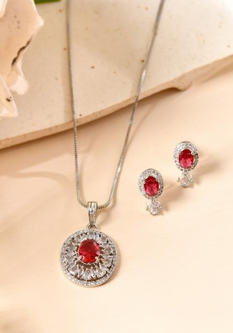 Silver Plated Oval Shaped Ruby Red Ad Chain Set 