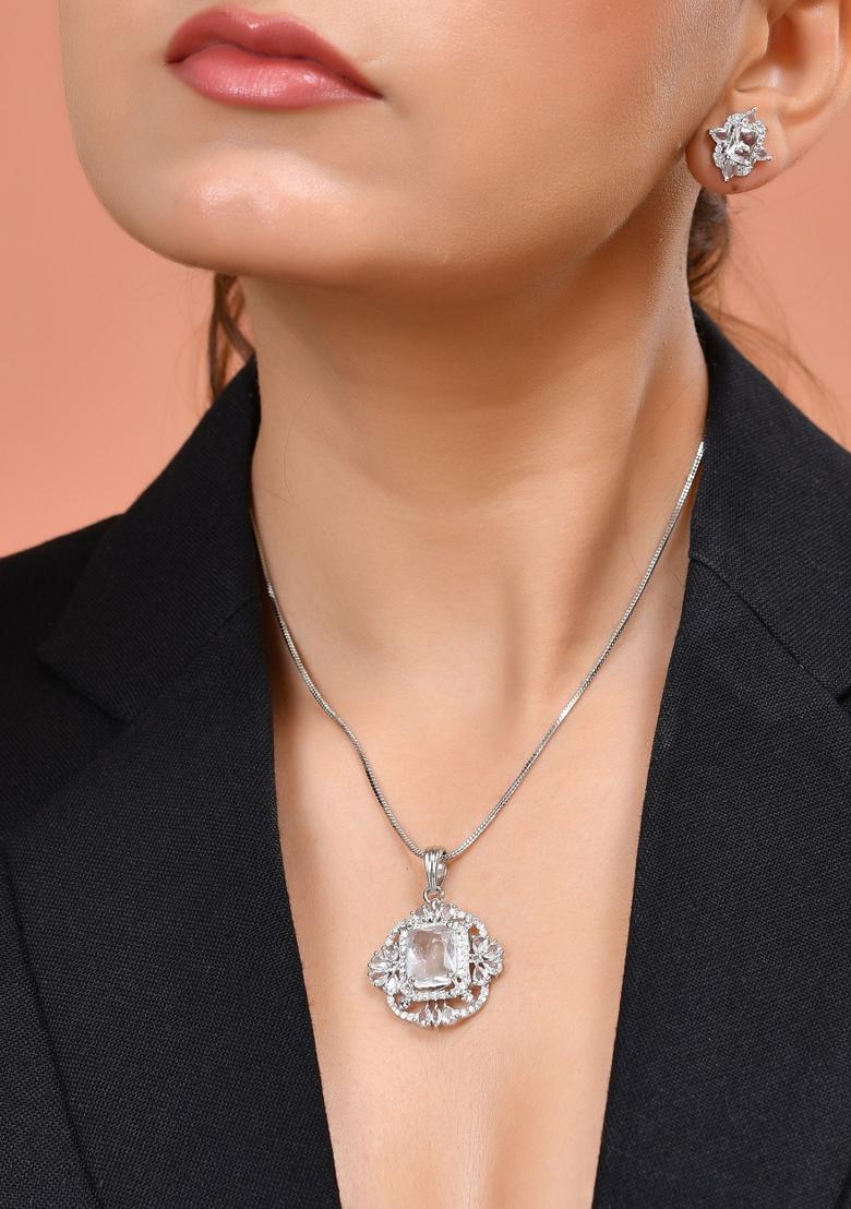 Silver Plated Rectangulare Ad Stone Studded Chain Set - Indya