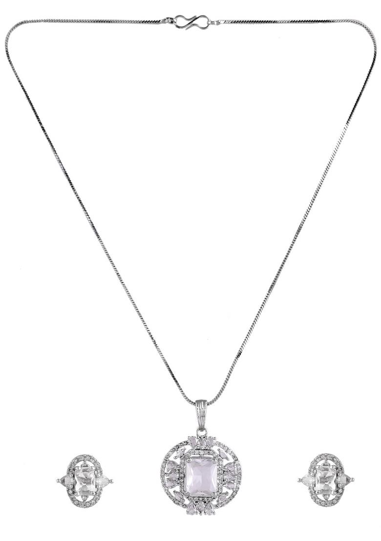 Silver Plated Rectangulare Ad Stone Studded Chain Set - Indya